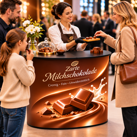 Koffertheke – mobile Messetheke mit individuellem Druck